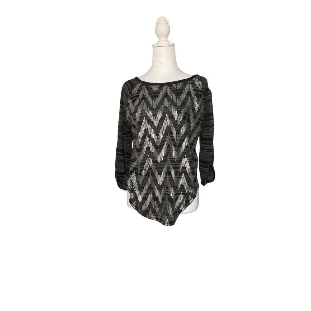 New Directions Womens Size Small Metallic Chevron Print Top Black Long‎ Sleeve